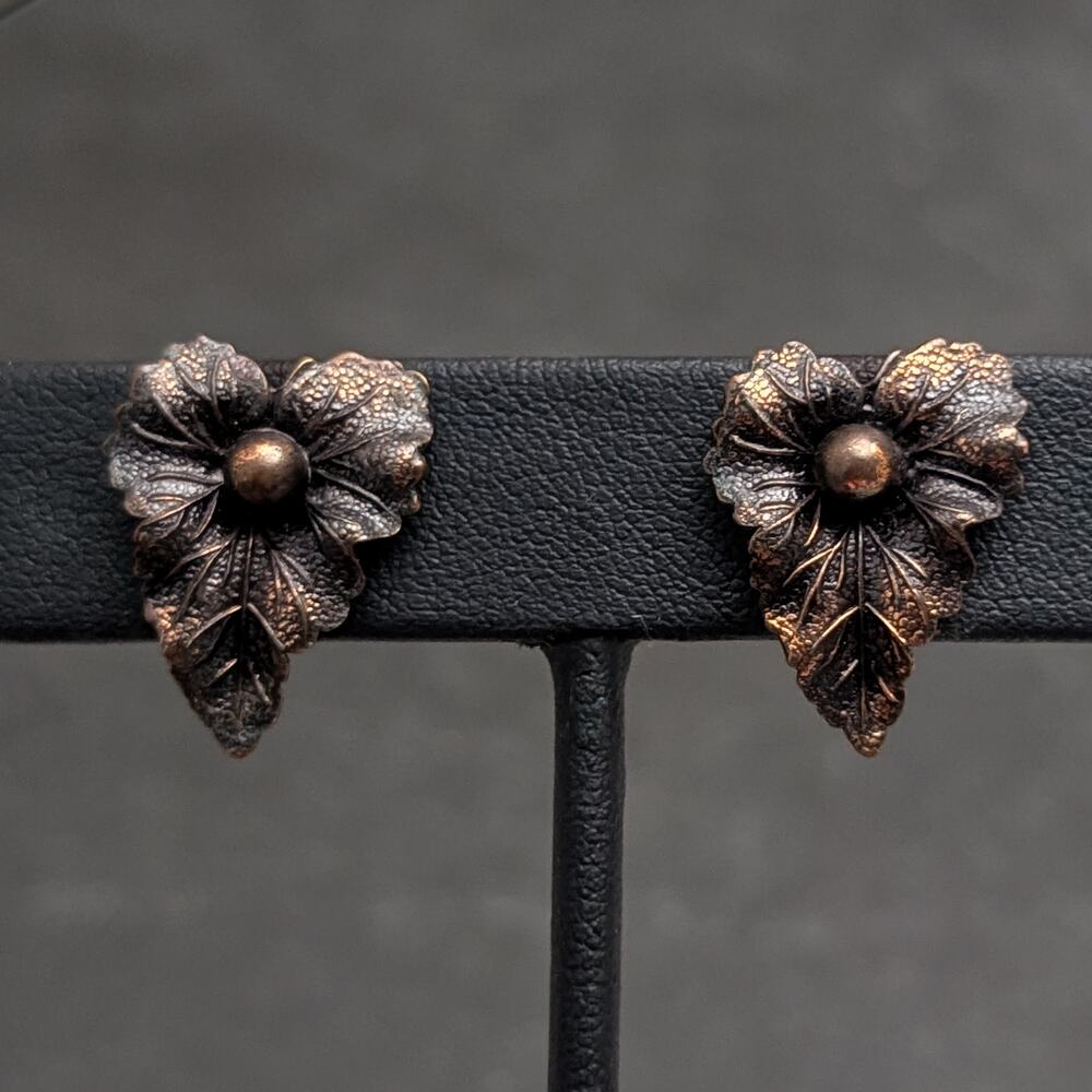 Vintage Screw On Earrings Dark Metal with Copper Tone Highlights Leaf Fall Theme
